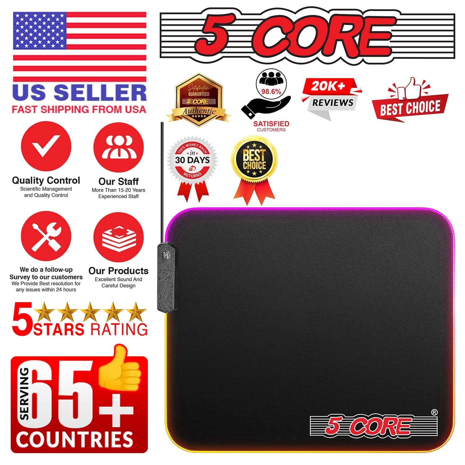 5Core Gaming Mouse Pad RGB 12 Light Modes 2 Zone Desk Mouse Mat w Rubber Base-1