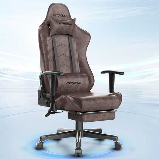 Gaming Chair with Footrest, Racing Style Computer Chair for Adult, Adjustable Reclining Backrest and Lumbar Support, Stylish High Back Chair for Gaming and Office (Brown)-0